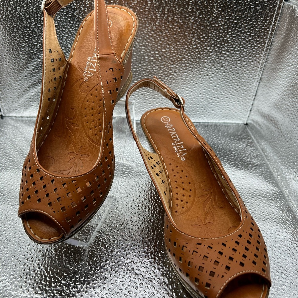 Patrizia by Spring Step Women's Tan Peep-Toe Wedges